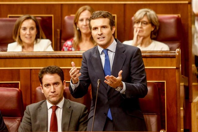 El presidente del PP, Pablo Casado, interviene desde su escaño en la primera sesión del debate de investidura a la Presidencia del Gobierno en el Congreso de los Diputados.