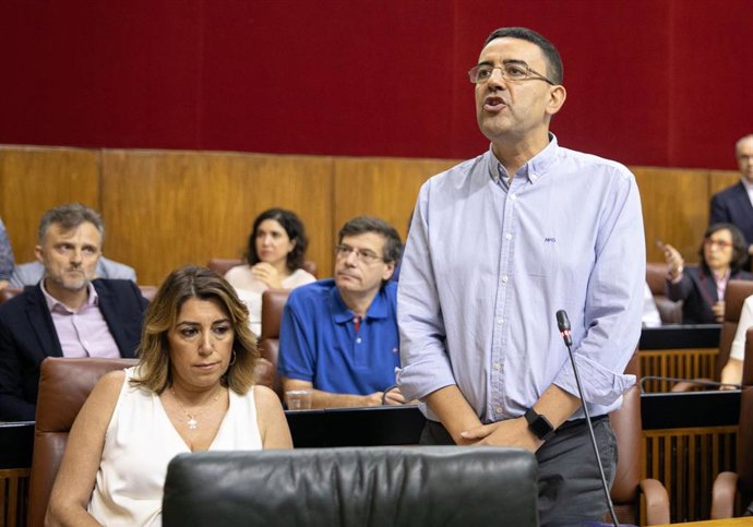 Segunda jornada del Pleno del Parlamento andaluz con debate final del proyecto de Ley de Presupuestos de la Comunidad Autónoma para 2019. El portavoz del grupo socialista en el Parlamento, Mario Jiménez (d) pide la palabra para intervenir en el Pleno.