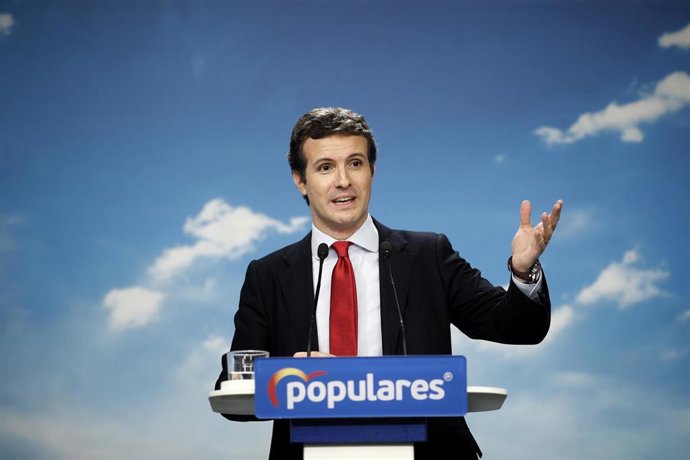 El presidente del PP, Pablo Casado, ofrece una rueda de prensa tras la reunión de la Junta Directiva Nacional del partido en su sede, en la que se ha aprobado la nueva estructura del Partido Popular.