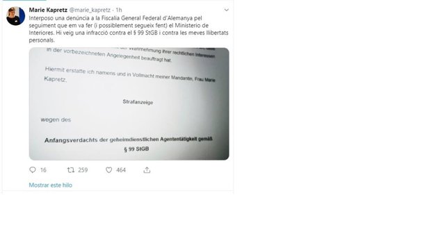 La delegada de la Generalitat en Berlín, Marie Kapretz, anuncia una denuncia ante la Fiscalía por seguimientos