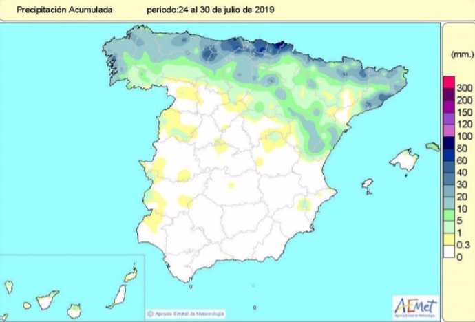 Mapa de precipitacions acumulades del 24 al 30 de juliol de 2019