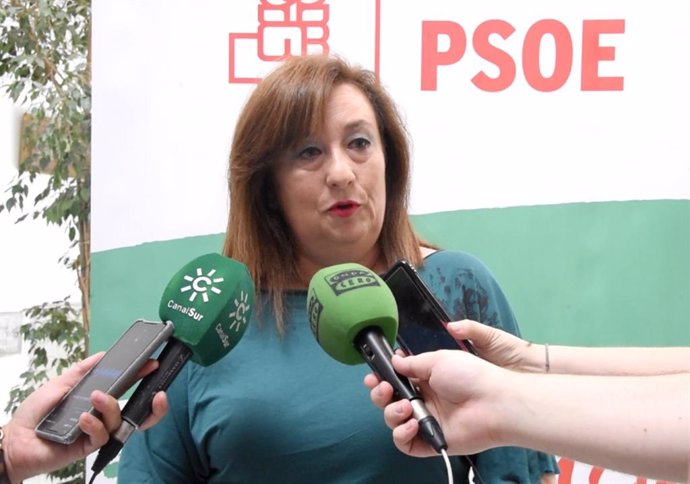 La portavoz de Igualdad del PSOE-A en el Parlamento andaluz, Soledad Pérez, atiende a los medios en la sede regional socialista