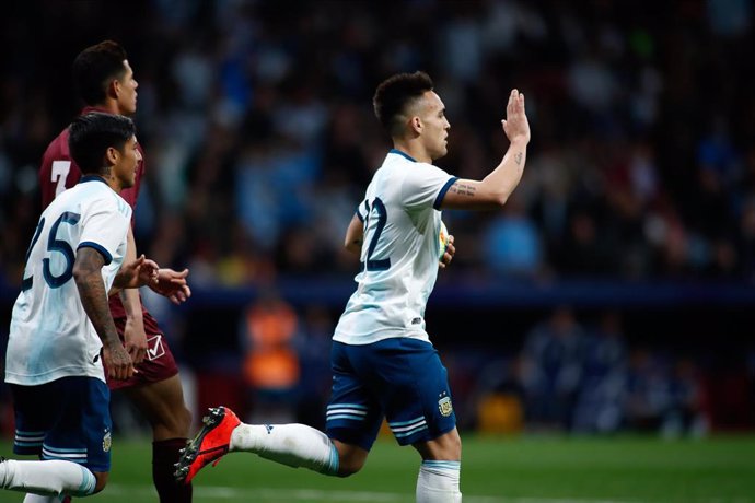 Cristian Pavon of Argentina celebrates a goal during the international friendly football match played between Argentina and Venezuela at Wanda Metropolitano Stadium in Madrid, Spain, on March 22, 2019.
