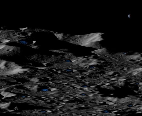 Ilustración de concepto de cráteres con hielo en el polo sur lunar