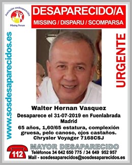 Desaparecido un hombre de 65 años en Fuenlabrada.