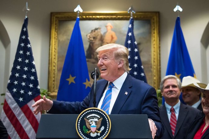 August 2, 2019 - Washington, DC USA: President Donald Trump jokes about putting a tariff on European cars as he speaks on a U.S. beef trade deal with the European Union, in the Roosevelt Room at the White House in Washington, DC on Friday, August 2, 201