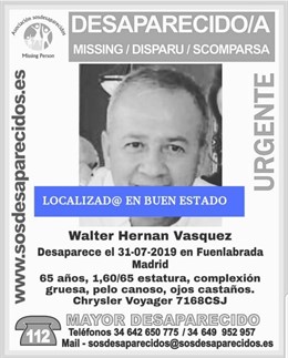 Carte de la asociación SOS Desapaercidos en el que informa de que el hombre que estaba desaparecido en Fuenlabrada ha sido hallado en buen estado.