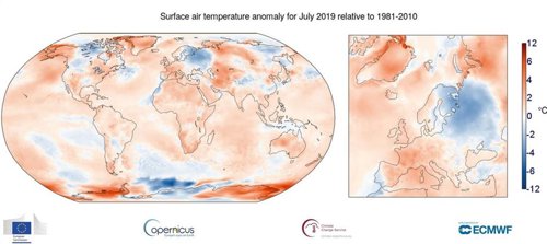 Anomalía de temperaturas para julio de 2019