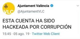 Mensaje publicado en la cuenta de Twitter del Ayuntamiento de Valncia al sufrir un ciberataque