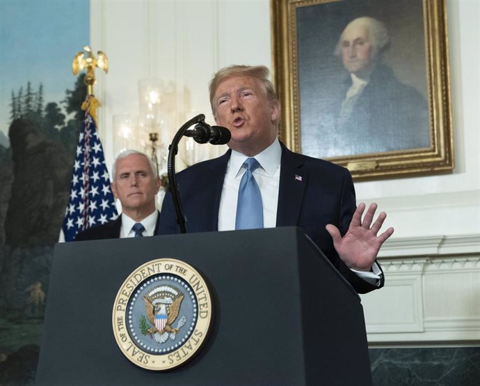 August 5, 2019 - Washington, DC, United States: United States President Donald J. Trump makes a statement at the White House in Washington, DC in response to two separate shooting incidents, August 5, 2019. United States Vice President Mike Pence listen
