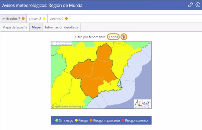 Mapa de Aemet en el que muestra el aviso naranja por temperaturas de hasta 42 en la Región de Murcia