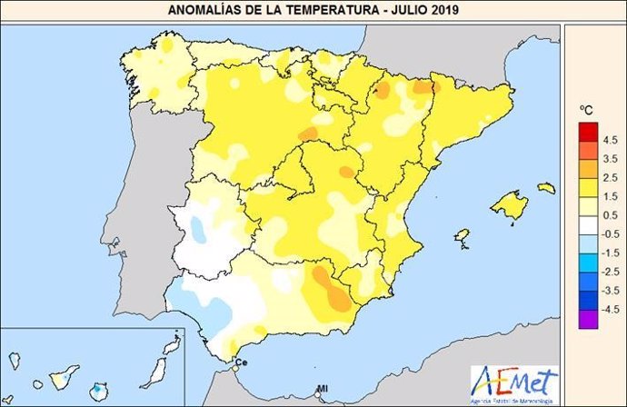 Anomalías de la temperatura en julio de 2019 en España
