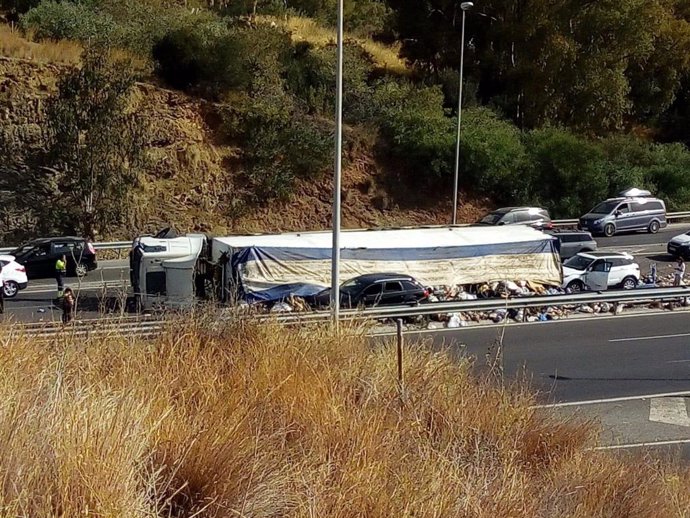Camión accidentado en la autovía A-7 a su paso por Marbella