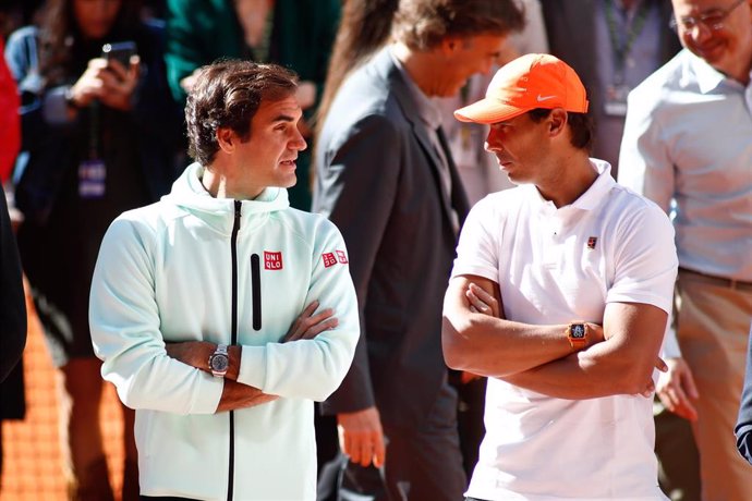 Los tenistas, Rafael Nadal y Roger Federer, asisten al acto de homenaje celebrado en honor al tenista David Ferrer en el Mutua Madrid Open 2019