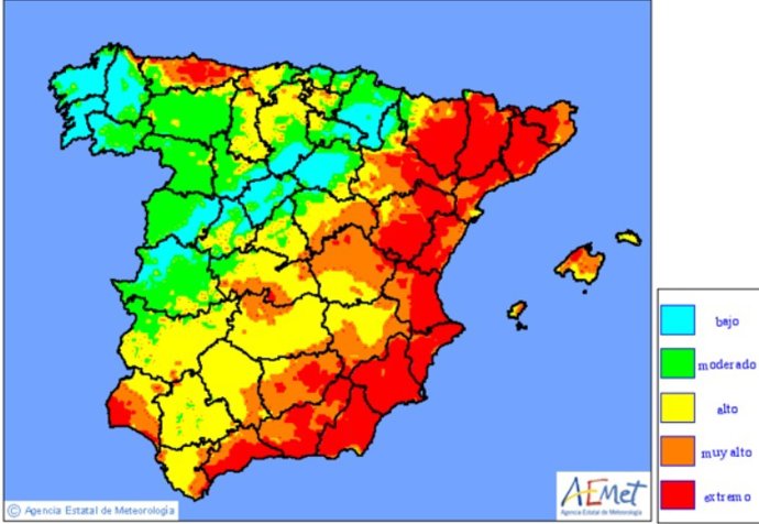 Mapa de niveles de riesgo de incendio previstos en Península y Baleares para el 10 de agosto