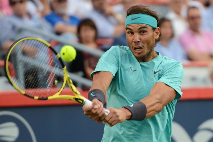 09 August 2019, Canada, Montreal: Spanish tennis player Rafael Nadal in action against Italian tennis player Fabio Fognini during their men's singles quarter final tennis match of the Rogers Cup Montreal tennis tournament. Photo: Christopher Levy/ZUMA W