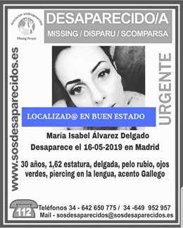 Alerta desactivada de la asociación SOS Desaparecidos tras localizarse en buen estado a una mujer de 30 años de Madrid que llevaba en paradero desconocido desde el pasado 16 de mayo.