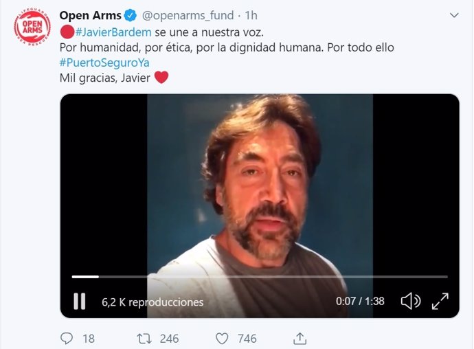 Vídeo de Javier Bardem de apoyo al Open Arms publicado en Twitter por la ONG