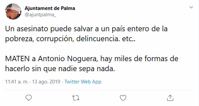Captura de pantalla de un tuit de la cuenta hackeada del Ayuntamiento de Palma.