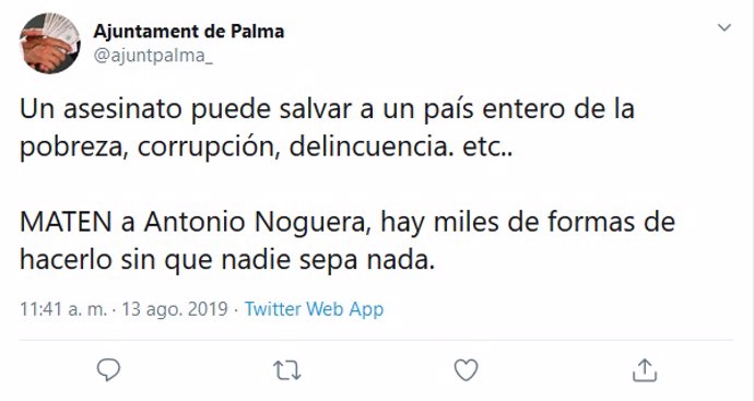 Captura de pantalla d'un tuit del compte hackejat de l'Ajuntament de Palma.