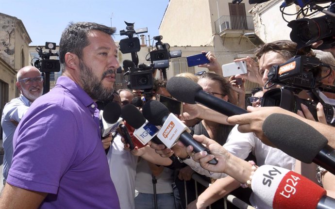 12 August 2019, Italy, Vittoria: Italian Minister of the Interior Matteo Salvini speaks to the media after visiting the site of the road accident that caused the death of two children. Photo: Stefano Cavicchi/LaPresse via ZUMA Press/dpa