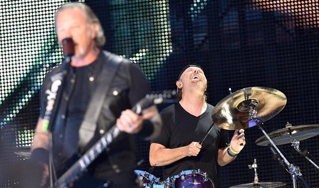 Jul7 21, 2019 - Moscow, Russia: Metallica's performance at the Luzhniki stadium. Band member Lars Ulrich (drum set) (right) at the concert. July 21, 2019. Russia, Moscow. (Alexander Miridonov/Kommersant/Contacto)
