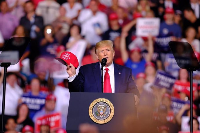 15 August 2019, US, Manchester: US President Donald Trump delivers a speech during a campaigns rally. Photo: Preston Ehrler/ZUMA Wire/dpa