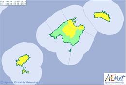 Mapa de las zonas de Baleares con aviso amarillo por altas temperaturas para este domingo.