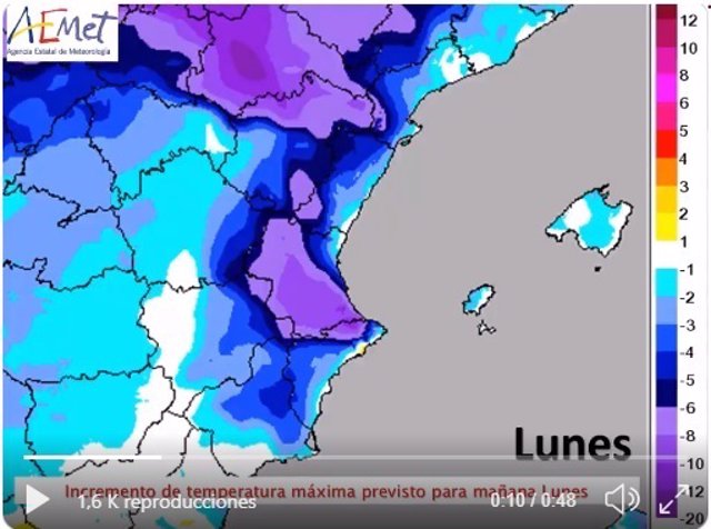 Mapa de la previsión de descenso de temperaturas para este lunes 17 de agosto en la Comunitat Valenciana