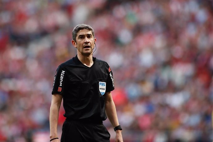 Undiano Mallenco, referee of the match, waiting for VAR during the spanish league, La Liga, football match played between Atletico de Madrid and Villarreal CF at Wanda Metropolitano Stadium, Madrid, Spain. February 24th 2019.