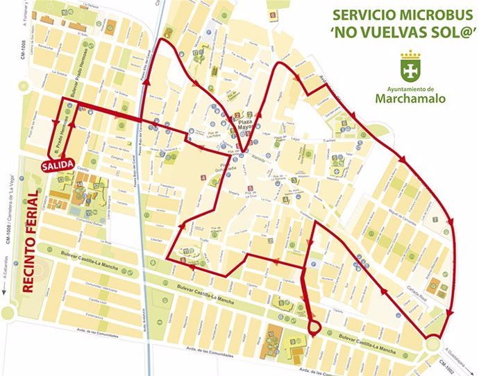 Plano de actuación del microbús gratuito que el Ayuntamiento de Marchamalo pondrá a disposición de los más jóvenes para regresar a casa durante las fiestas de la localidad.