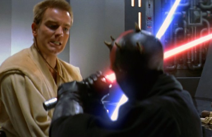 Imagen de Darth Maul enfrentándose a un joven Obi Wan Kenobi en Star Wars: La amenaza fantasma