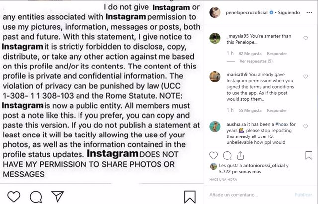 Publicación de Penélope Cruz donde se puede ver el famoso texto que recorre Instagram