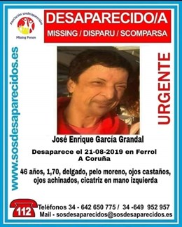 SOS Desaparecidos alerta de la desaparición de un vecino de Ferrol (A Coruña)