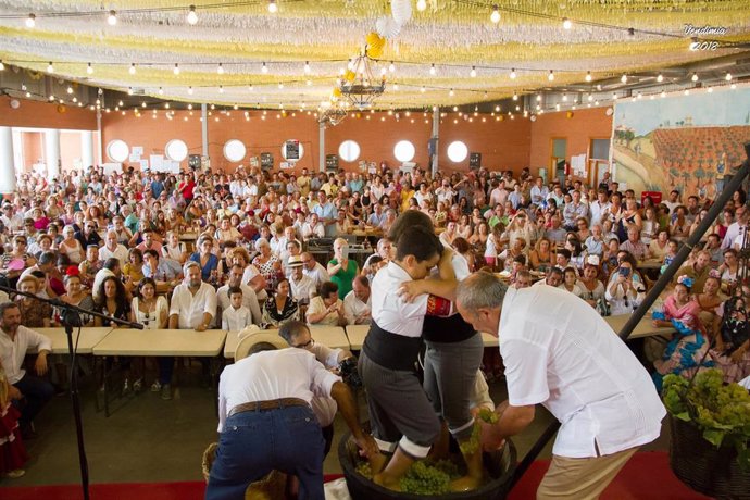 Pisa de la primera uva del año en las Fiestas de la Vendimia de Villanueva del Ariscal (Sevilla).