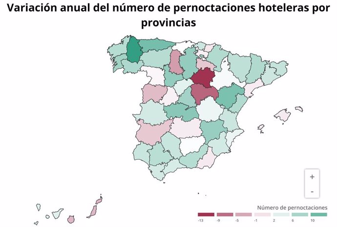 Mapa de la variació anual del nombre de pernoctación hoteleres al juliol de 2019 (INE)