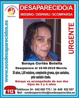 Soraya Cortés Botella, de 30 años, que iba con sus hijos de tres y cuatro años, está desaparecida en Murcia desde el 19 de agosto