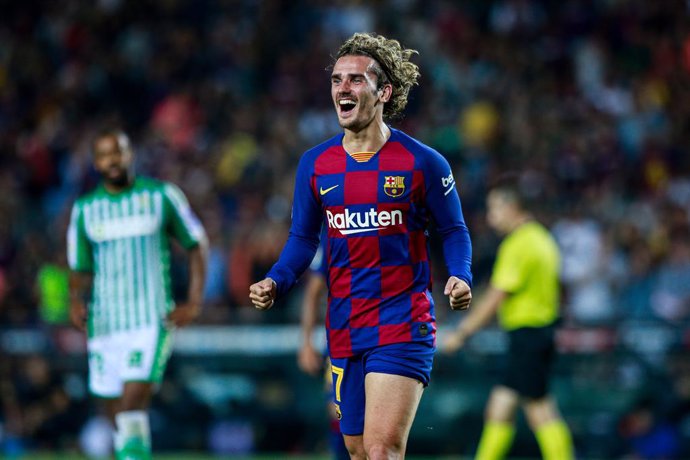 17 Antoine Griezmann from France of FC Barcelona celebrating his goal during the La Liga match between FC Barcelona and Real Betis Balompie in Camp Nou Stadium in Barcelona 25 of August of 2019, Spain.
