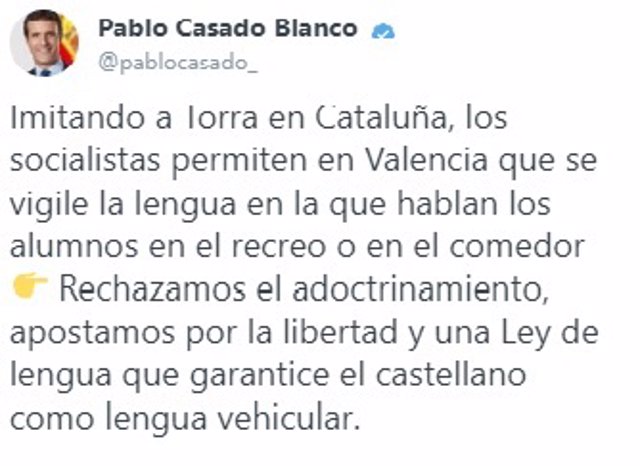 Tuit de Pablo Casado sobre la educación en la Comunitat Valenciana