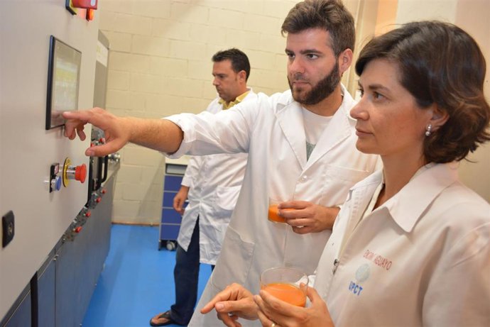 Imagen adjunta de Encarna Aguayo, junto a otros investigadores agrónomos, realizando ensayos en un laboratorio de la UPCT
