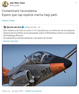 Tuit de Joan Marc Jesús sobre el accidente del caza en Murcia