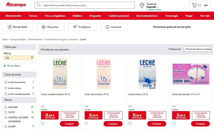 Oferta de leche en la web de Alcampo