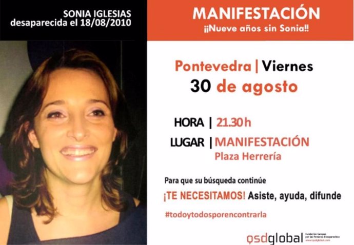 Convocada una nueva manifestación este viernes en Pontevedra tras cumplirse 9 años de la desaparición de Sonia Iglesias.