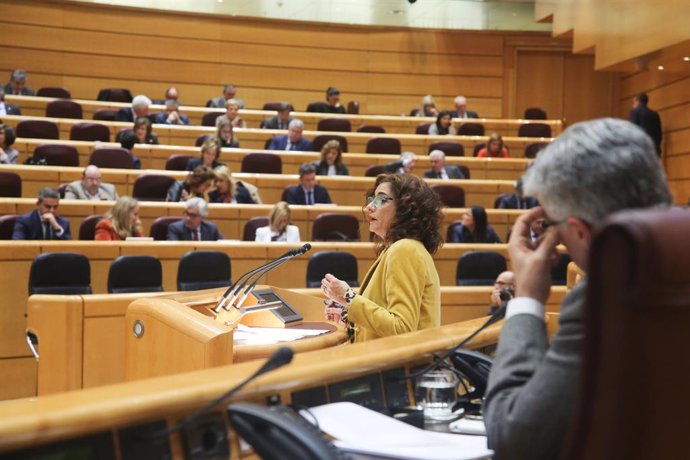 La ministra d'Hisenda, María Jesús Montero, intervé des de la tribuna en una sessió plenria en el Senat. 