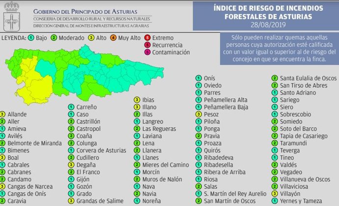 El índice de riesgo por incendios forestales para este miércoles 28 de agosto de 2019.
