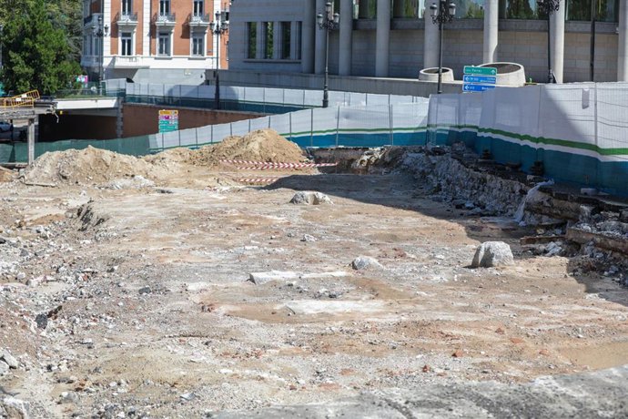 Zona de las obras de la Plaza de España de Madrid en las que han aparecido restos históricos.