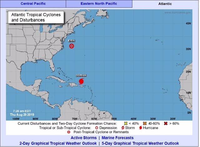 La tormenta tropical Dorian, a punto de convertirse en huracán sobre Bahamas a partir del 30 de agosto.