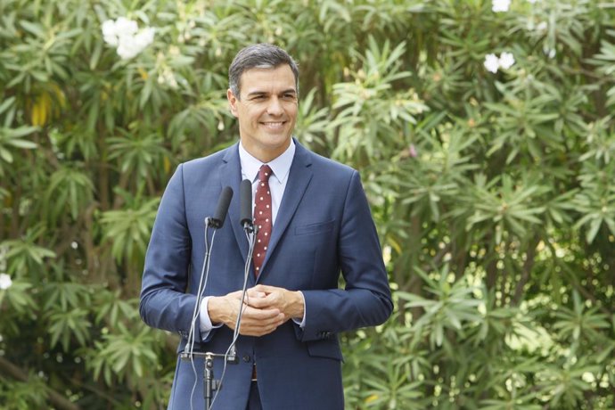 El presidente del Gobierno en funciones, Pedro Sánchez, ofrece declaraciones en el Palacio de Marivent en Palma de Mallorca tras su reunión con el Rey Felipe VI.