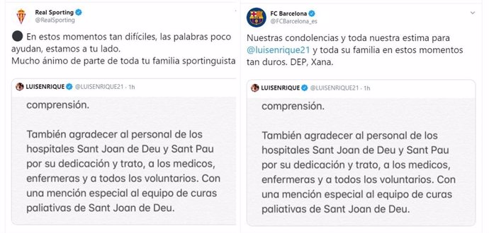 Reacciones de FC Barcelona y Real Sporting tras la muerte de la hija pequeña de Luis Enrique