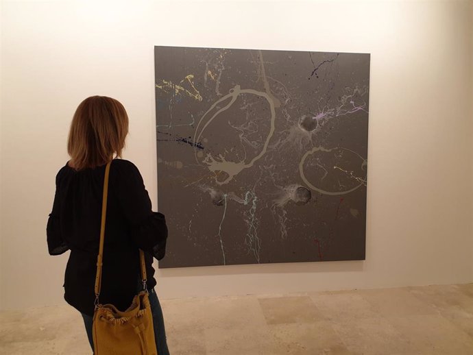 Una visitante contempla uno de los cuadros de la exposición 'Temblor y nubes', de Carlos de Paz, en la Sala 0 de Patio Herreriano.